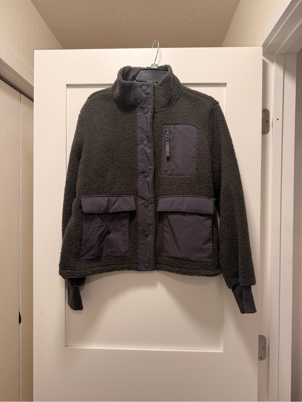 Womens olive green Teddy Fleece Jacket with Utility Pockets